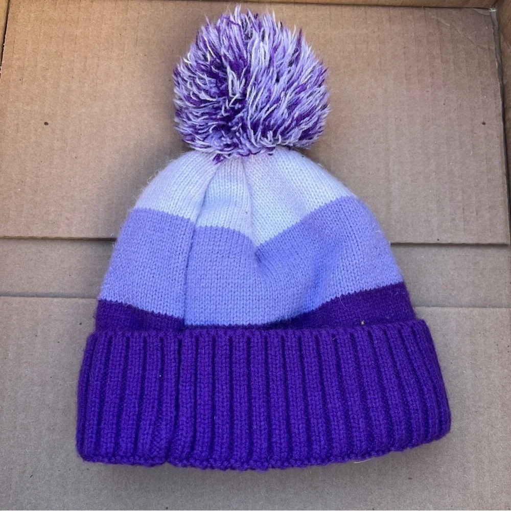 Girls Purple & White Striped Beanie